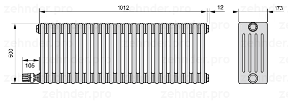 Схема (чертеж) Радиатор Zehnder Charleston 5050/22 №V003 Белый глянцевый RAL 9016